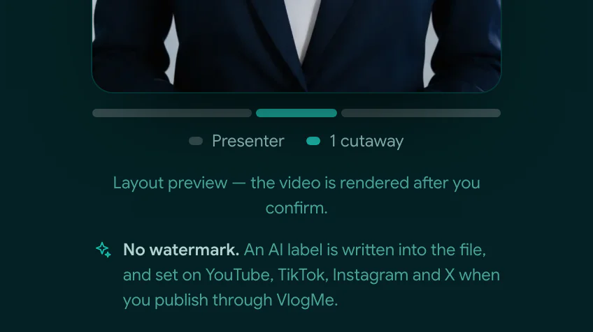 The Video stage of News Videos: the bottom of the live frame, with no watermark on the picture, and the line “No watermark. An AI label is written into the file, and set on YouTube, TikTok, Instagram and X when you publish through VlogMe.”