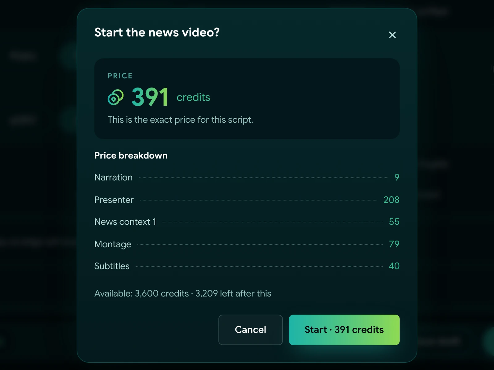 News Videos price confirmation for a 30-second 720p video: 391 credits, broken down into narration, presenter, one news-context cutaway, montage and subtitles, with Cancel and Start buttons.