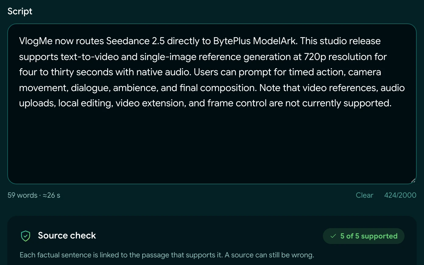 News Videos script review: the drafted narration about Seedance 2.5, editable, above the source check marked 5 of 5 supported.