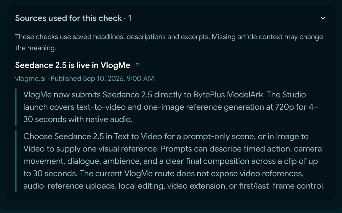 News Videos saved evidence for the selected report “Seedance 2.5 is live in VlogMe” from vlogme.ai: its title, publication date, saved description and snippet.