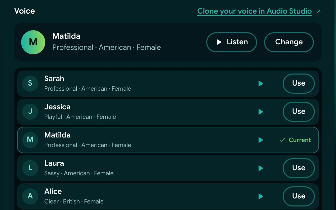 News Videos voice selection: Matilda chosen as the narration voice from the VlogMe voice list.