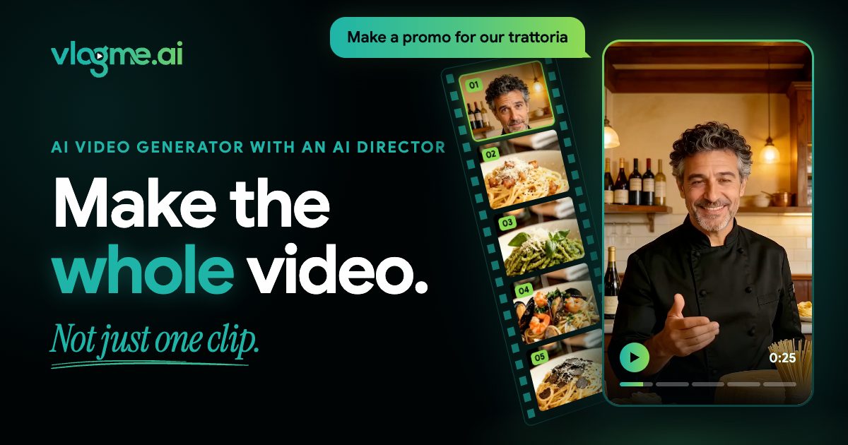 Screenshot of VlogMe AI, Plan a whole video with an AI director, then render it scene by scene